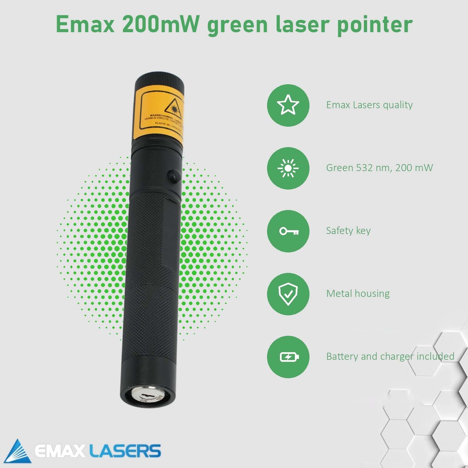 Features of the Emax 200 mW green laser pointer