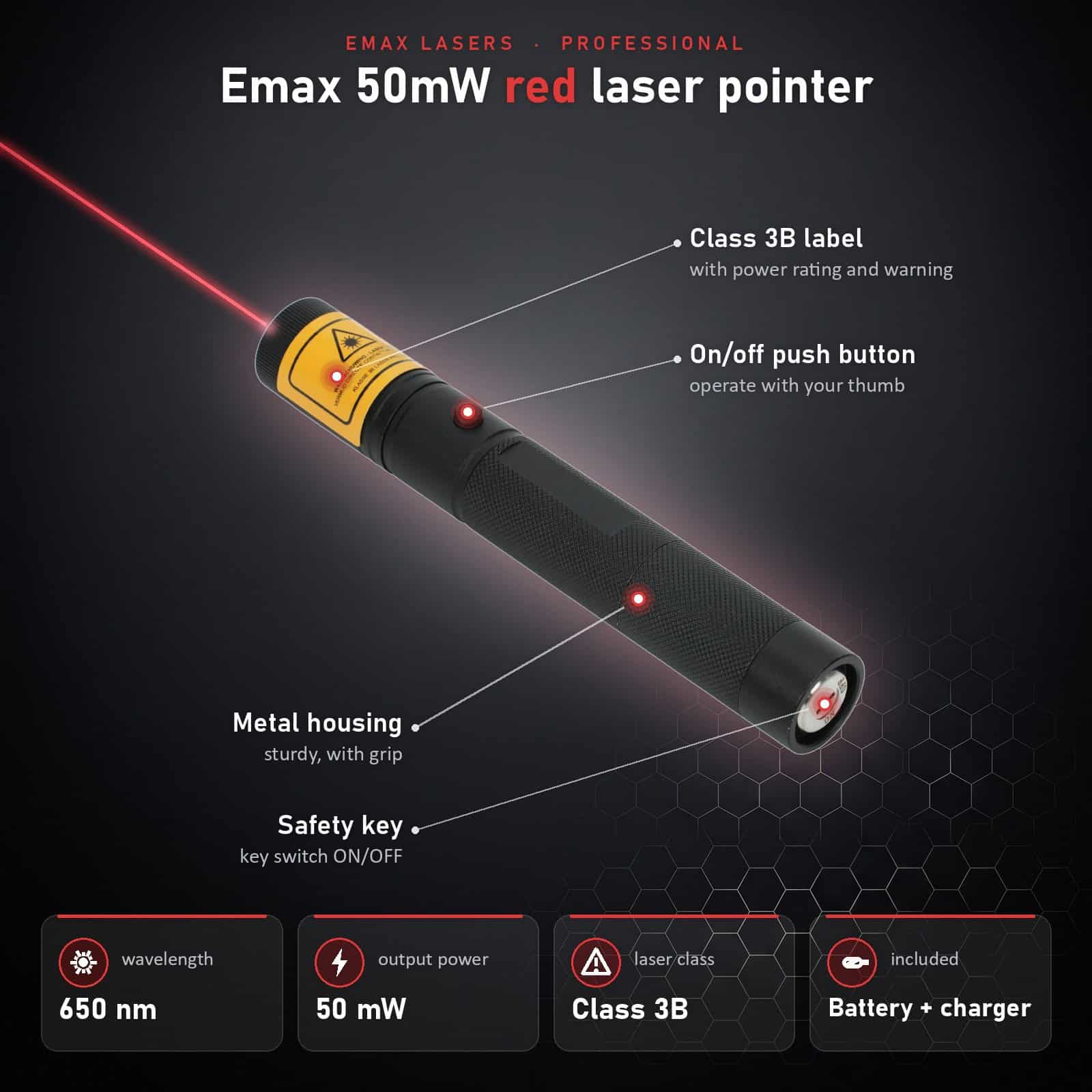 Infographic 50 mW red laser pointer: parts and specifications