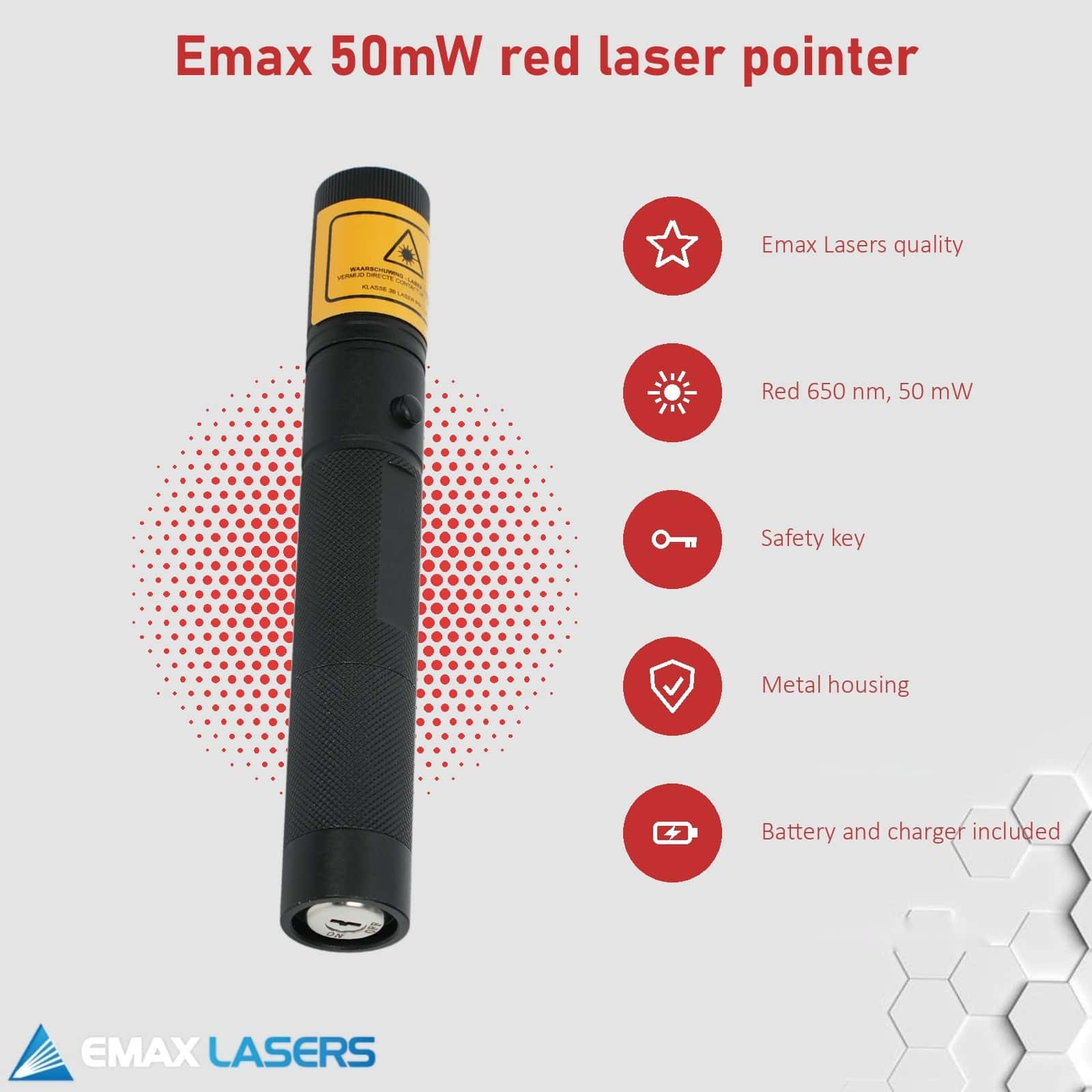 Features of the Emax 50 mW red laser pointer