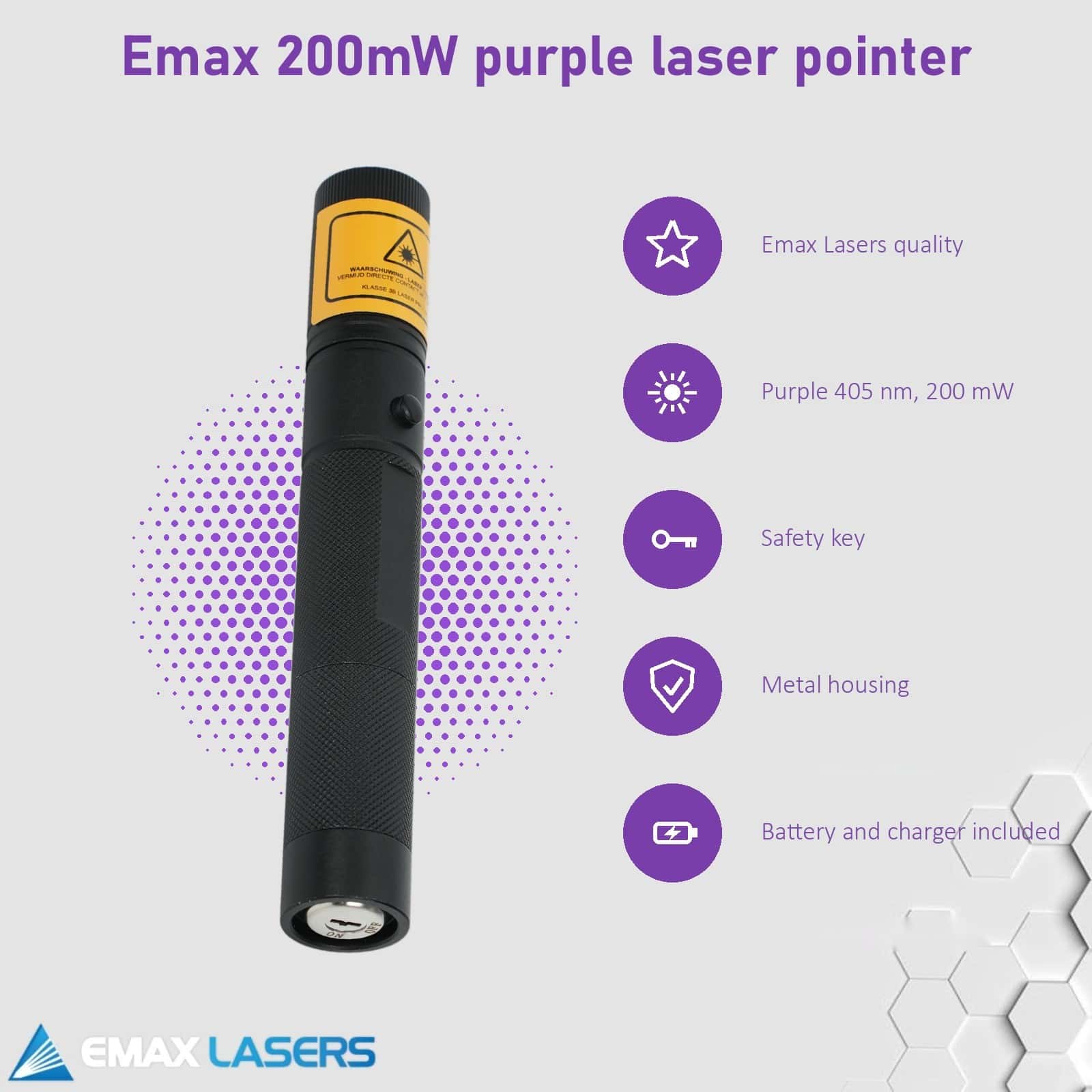 Features of the Emax 200 mW purple laser pointer