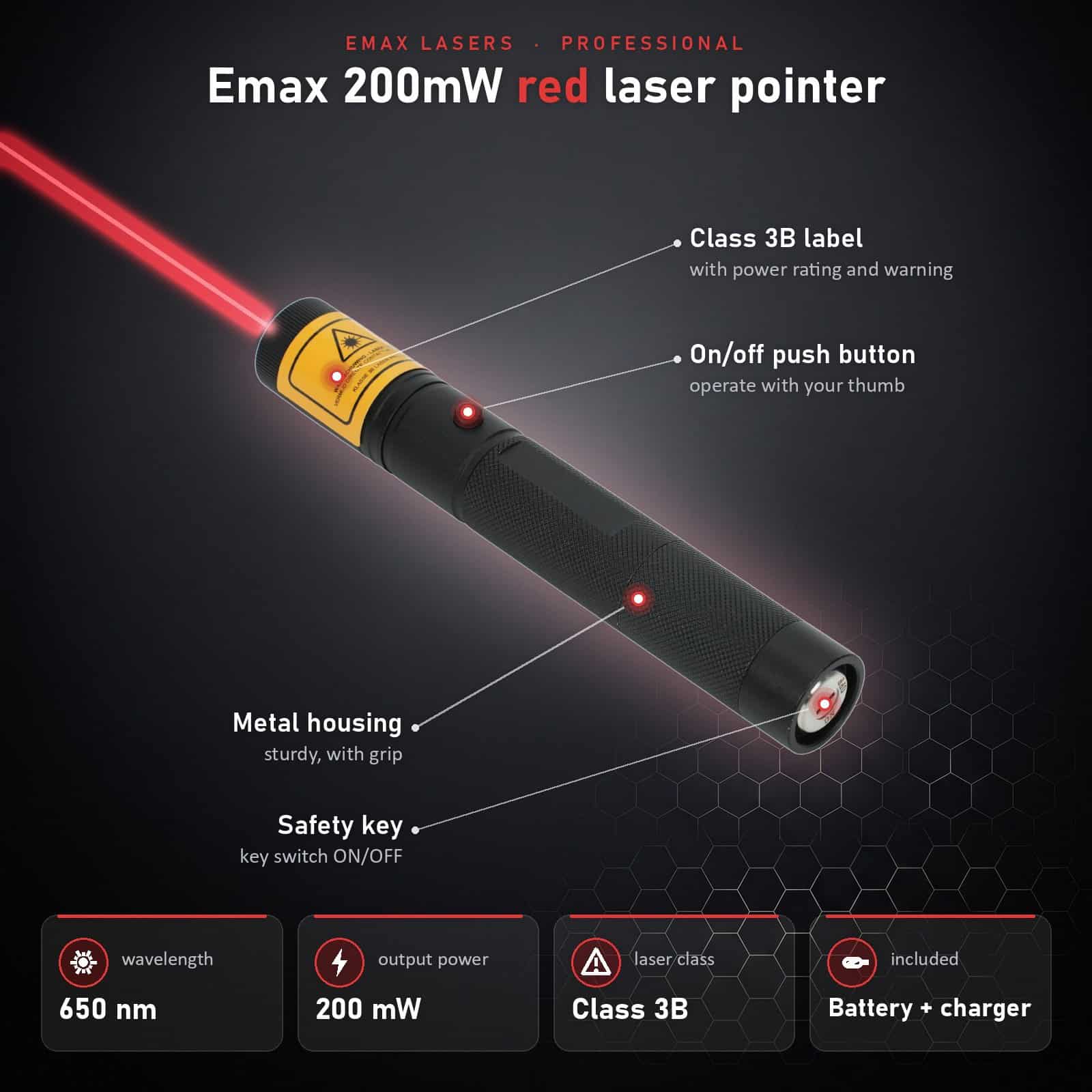 Infographic 200 mW red laser pointer: parts and specifications