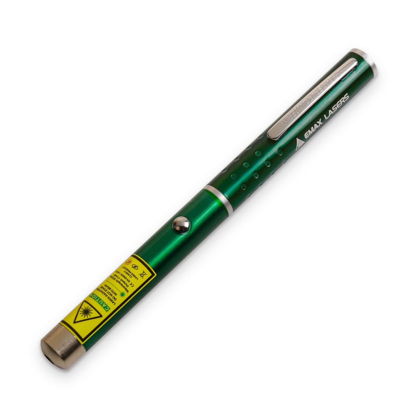 Green laser pen with pocket clip and yellow laser warning label, Emax