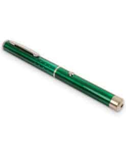 Green laser pointer pen on its side, showing the push button, Emax