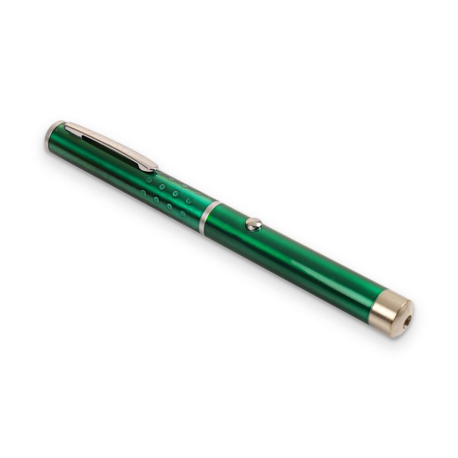 Green laser pointer pen on its side, showing the push button, Emax