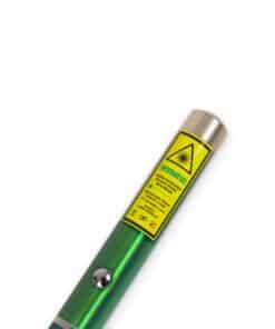 Close-up of the warning label and push button on the green laser pointer, Emax