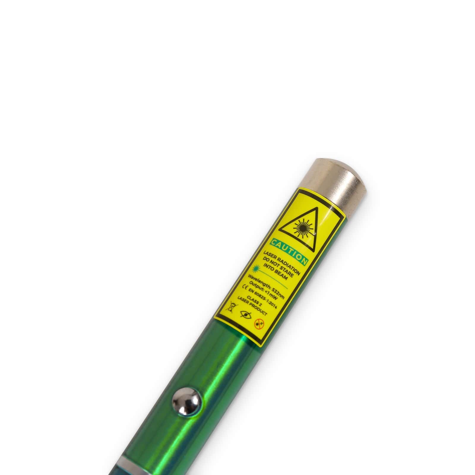 Close-up of the warning label and push button on the green laser pointer, Emax