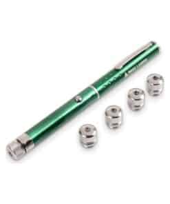 Green laser pointer with five pattern caps next to the pen, Emax