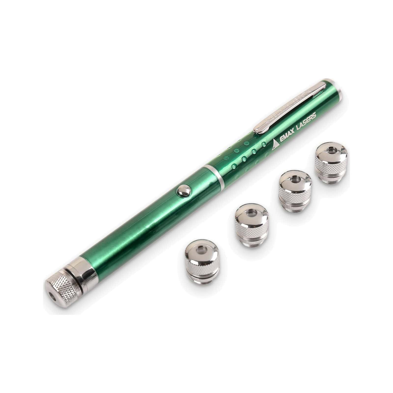 Green laser pointer with five pattern caps next to the pen, Emax