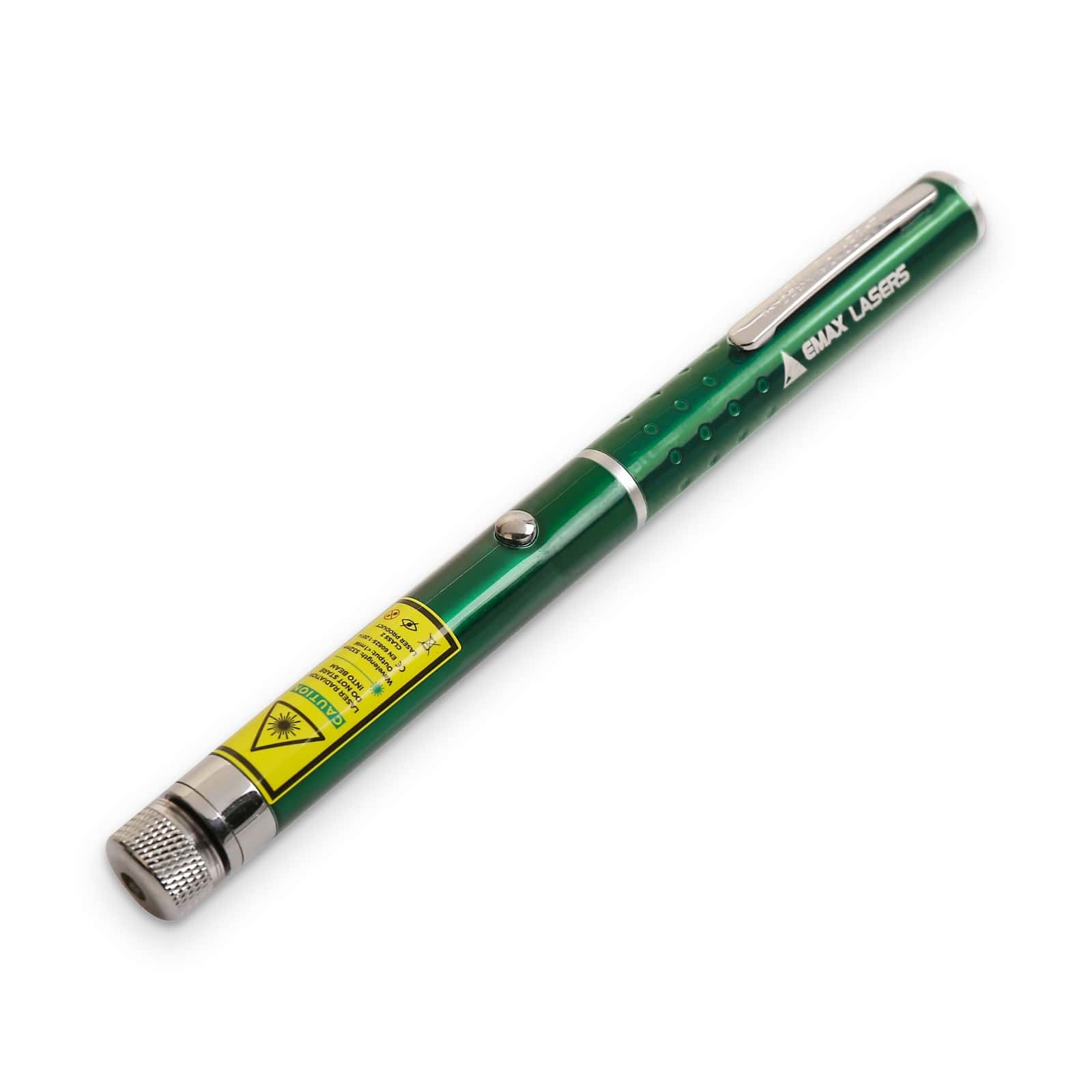 Green laser pointer with pattern cap and yellow laser warning label, Emax