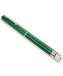 Green laser pen with pattern caps, showing the push button and clip, Emax