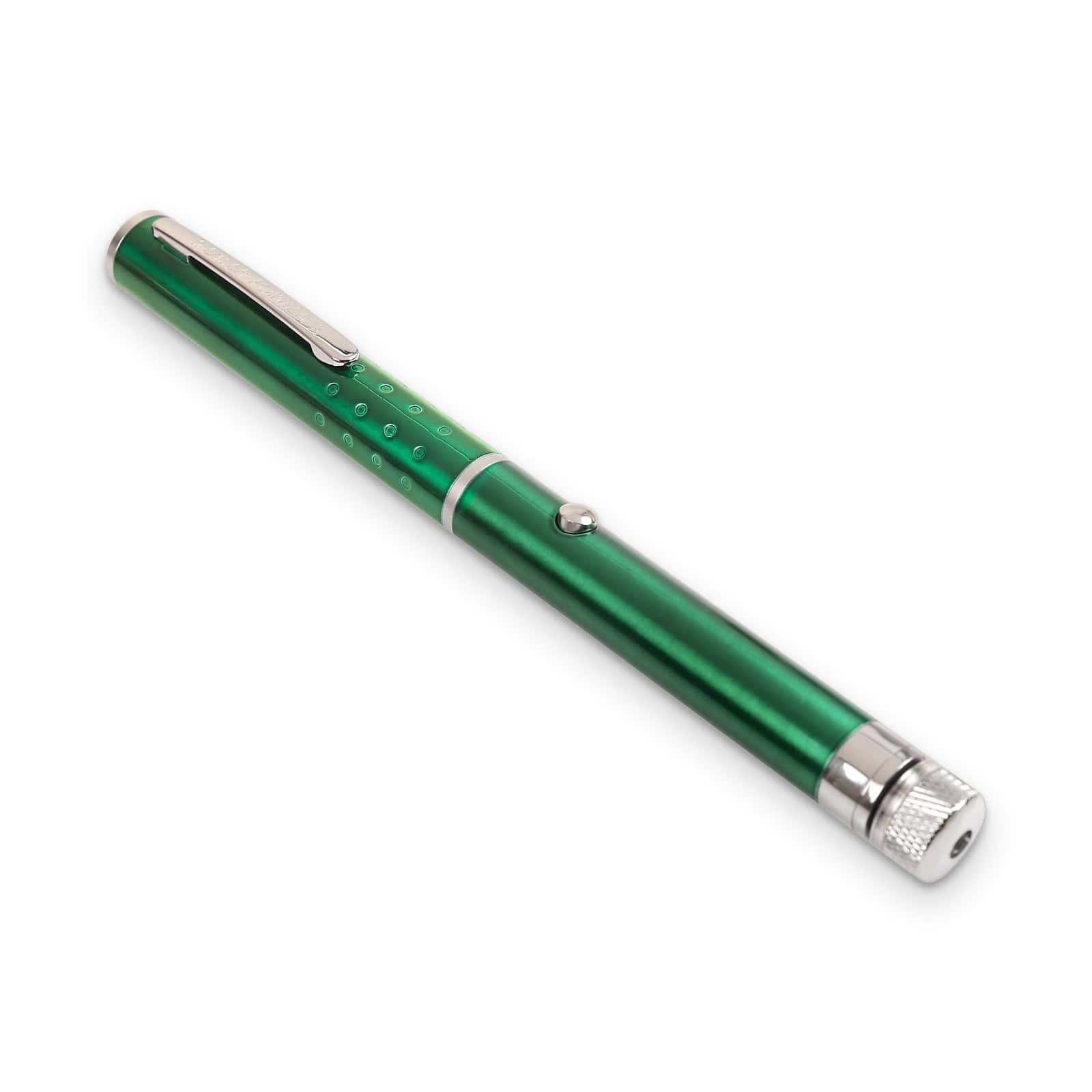 Green laser pen with pattern caps, showing the push button and clip, Emax