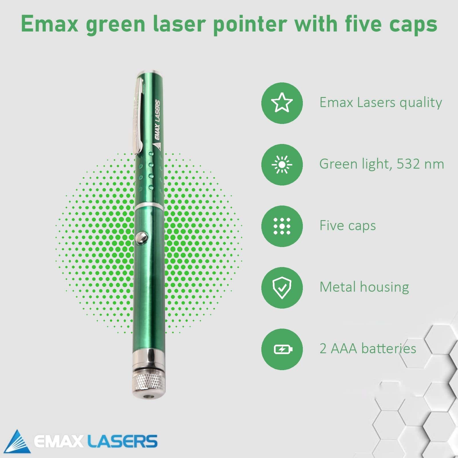 Features of the Emax green laser pointer with five caps