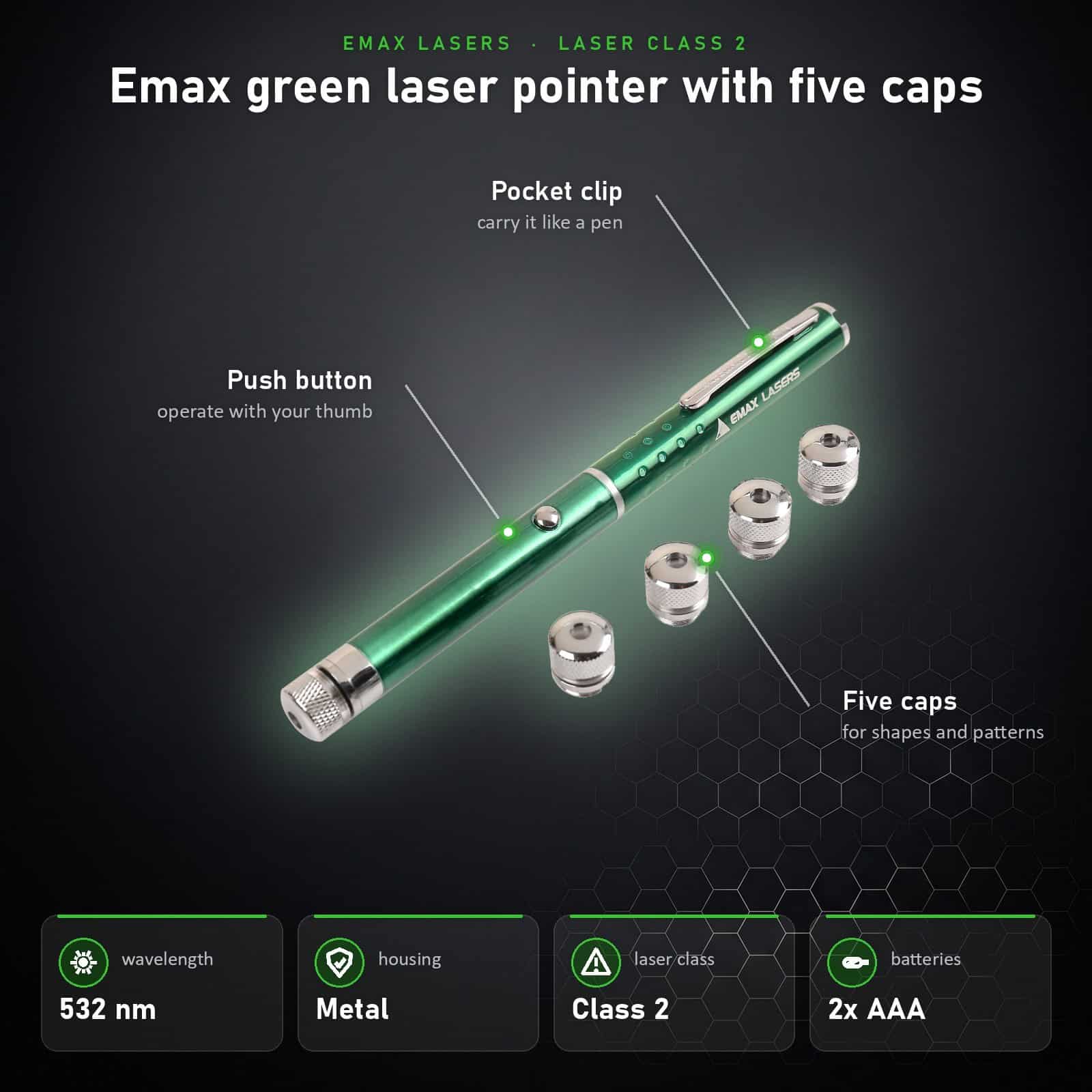 Infographic Emax green laser pointer with five caps: parts and specifications