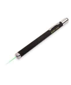 Green laser pointer with on/off switch and a green beam, black pen, Emax