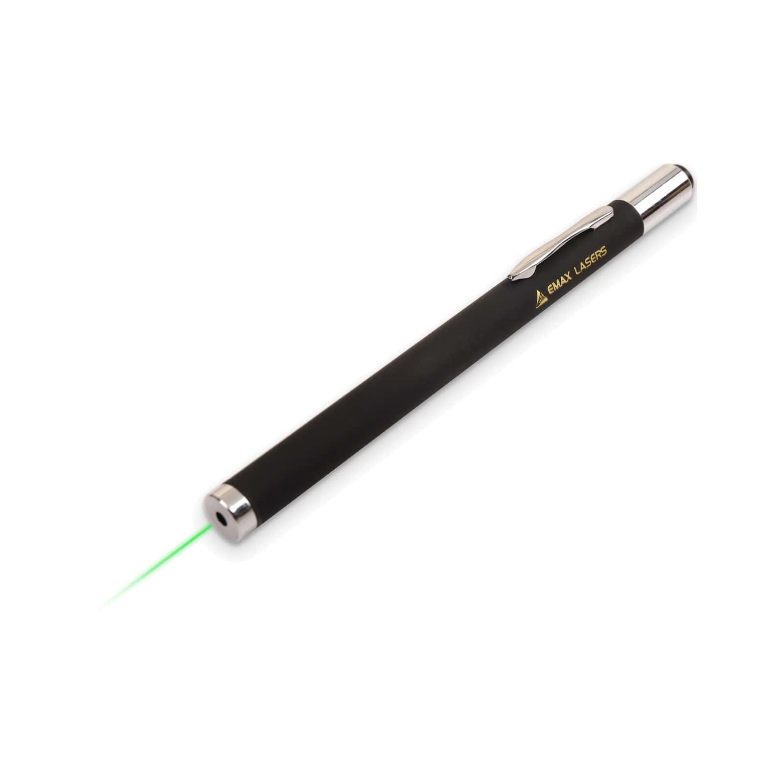 Green laser pointer with on/off switch and a green beam, black pen, Emax