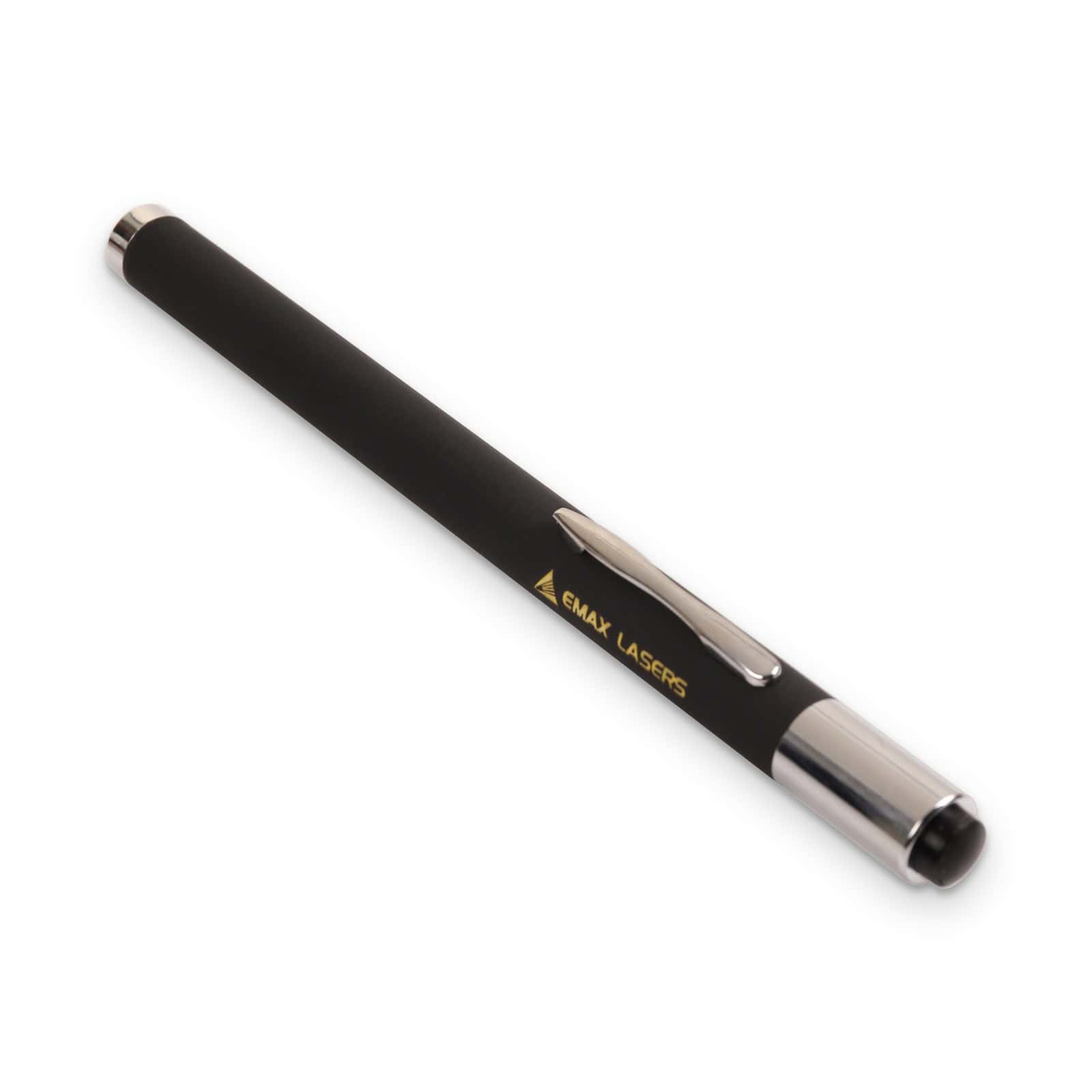 Green laser pointer with on/off switch: black pen with clip and Emax Lasers logo