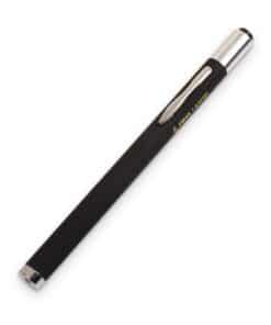 Green laser pointer with on/off switch standing upright, black pen, Emax