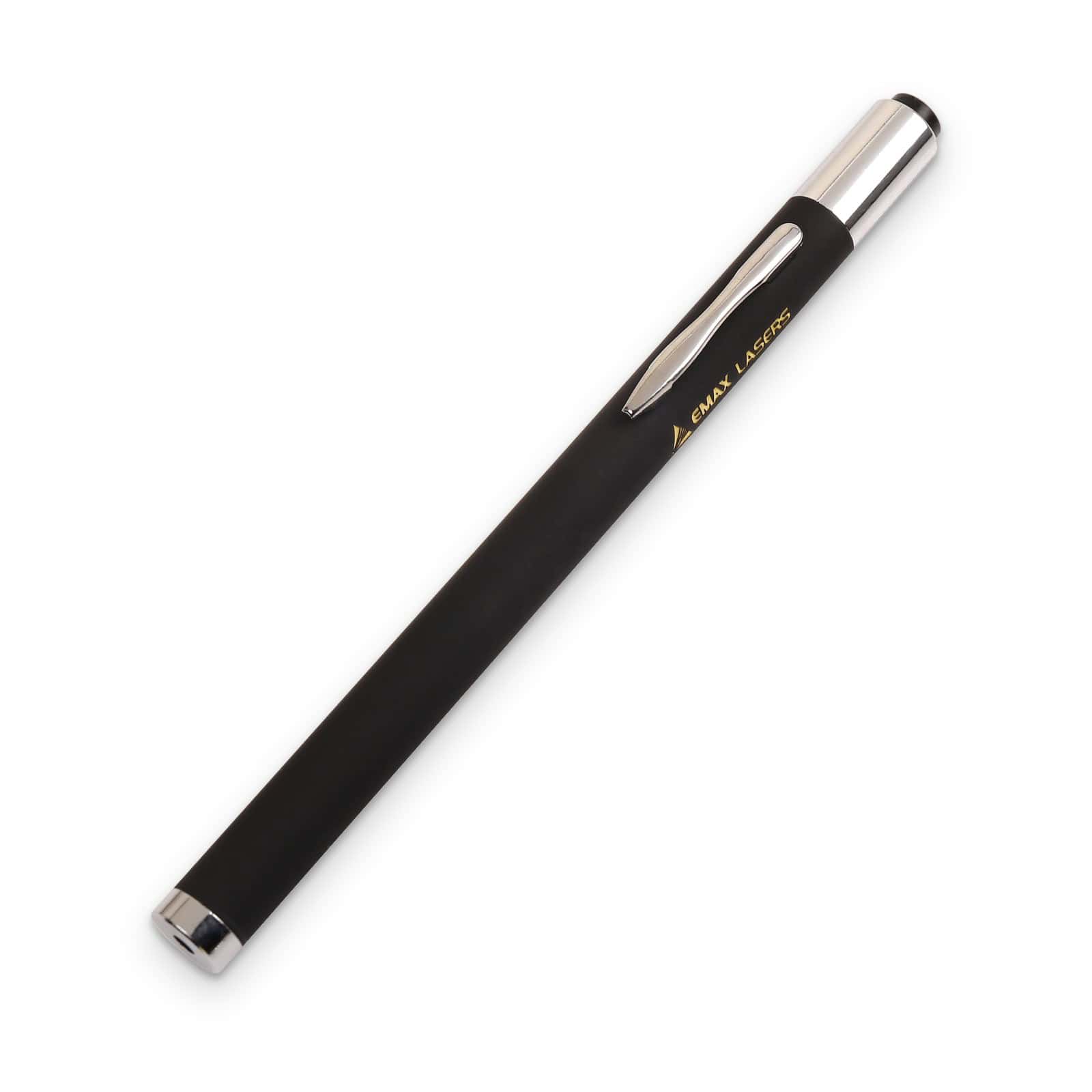 Green laser pointer with on/off switch standing upright, black pen, Emax