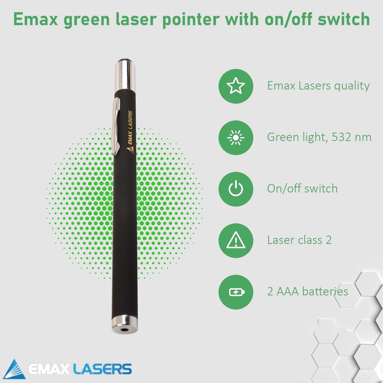 Features of the Emax green laser pointer with on/off switch