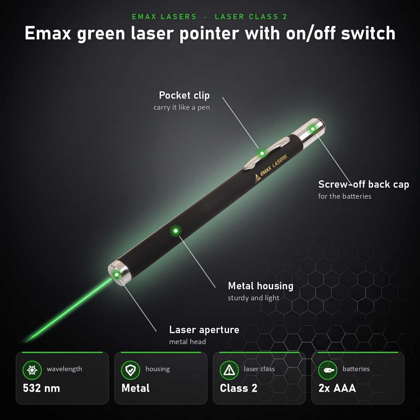 Infographic Emax green laser pointer with on/off switch: parts and specifications