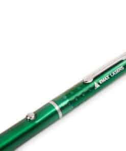 Close-up of the green line laser pen with clip and Emax Lasers logo
