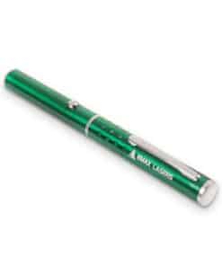 Green line laser pen showing the push button and Emax Lasers logo