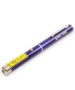 Purple laser pen with pocket clip and yellow laser warning label, Emax