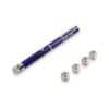 Purple laser pointer with five pattern caps next to the pen, Emax