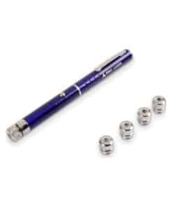Purple laser pointer with five pattern caps next to the pen, Emax