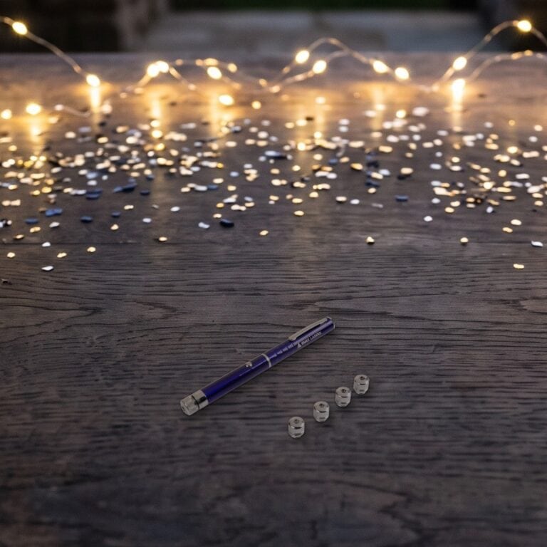 Emax purple laser pointer with its five pattern caps