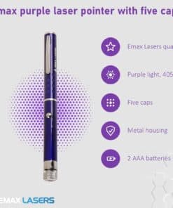 Features of the Emax purple laser pointer with five caps