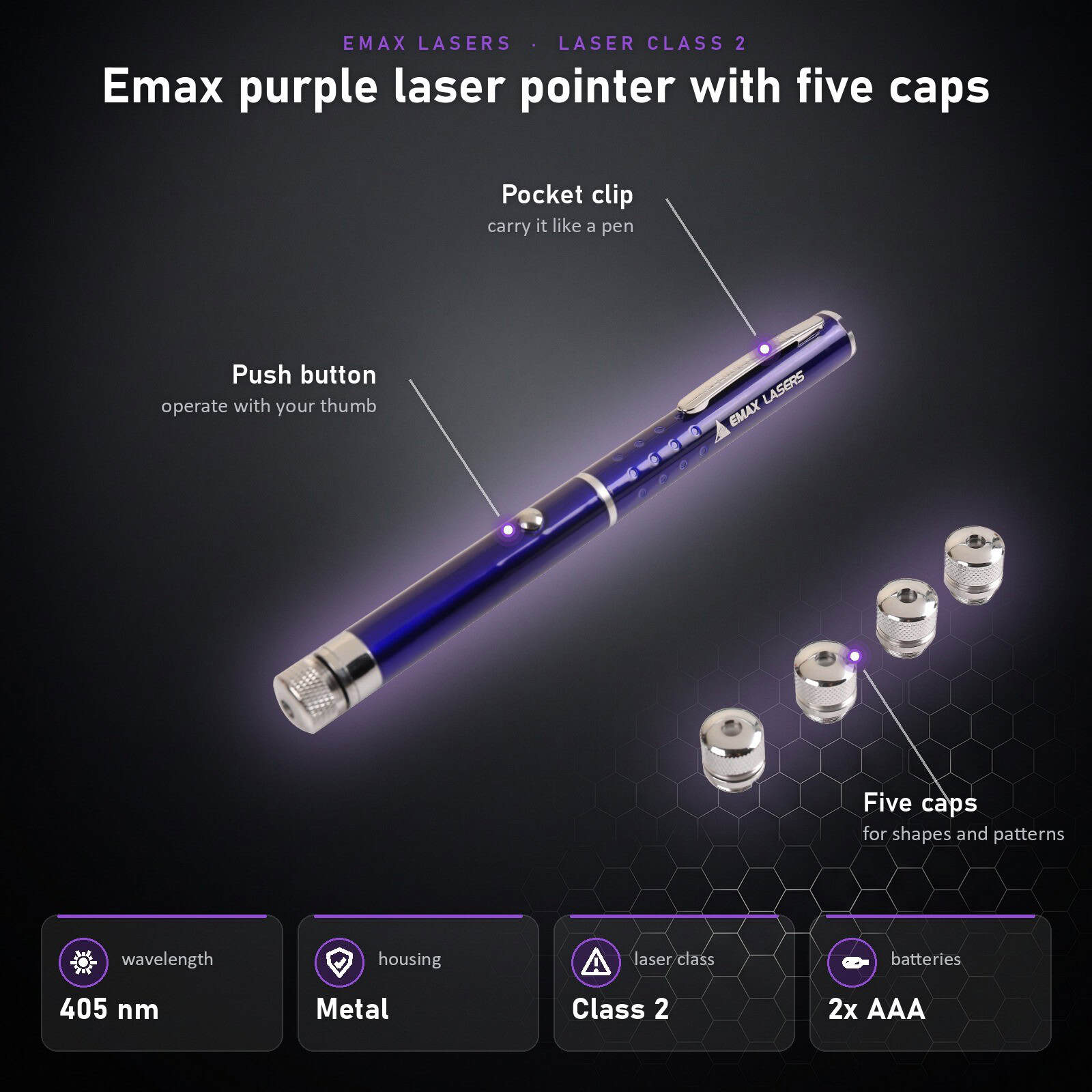 Infographic Emax purple laser pointer with five caps: parts and specifications