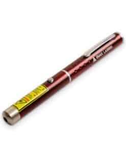 Red laser pen with pocket clip and yellow laser warning label, Emax