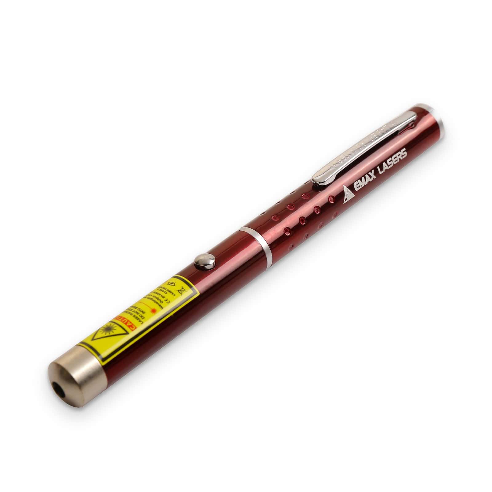 Red laser pen with pocket clip and yellow laser warning label, Emax
