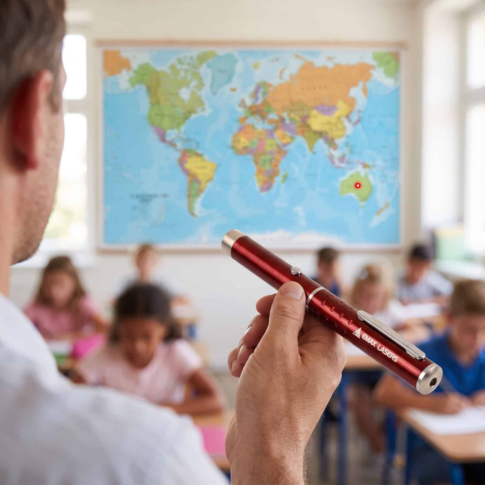 Emax red laser pointer: pointing at the map in the classroom