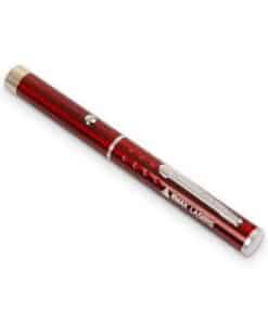 Red laser pointer pen showing the push button and Emax Lasers logo