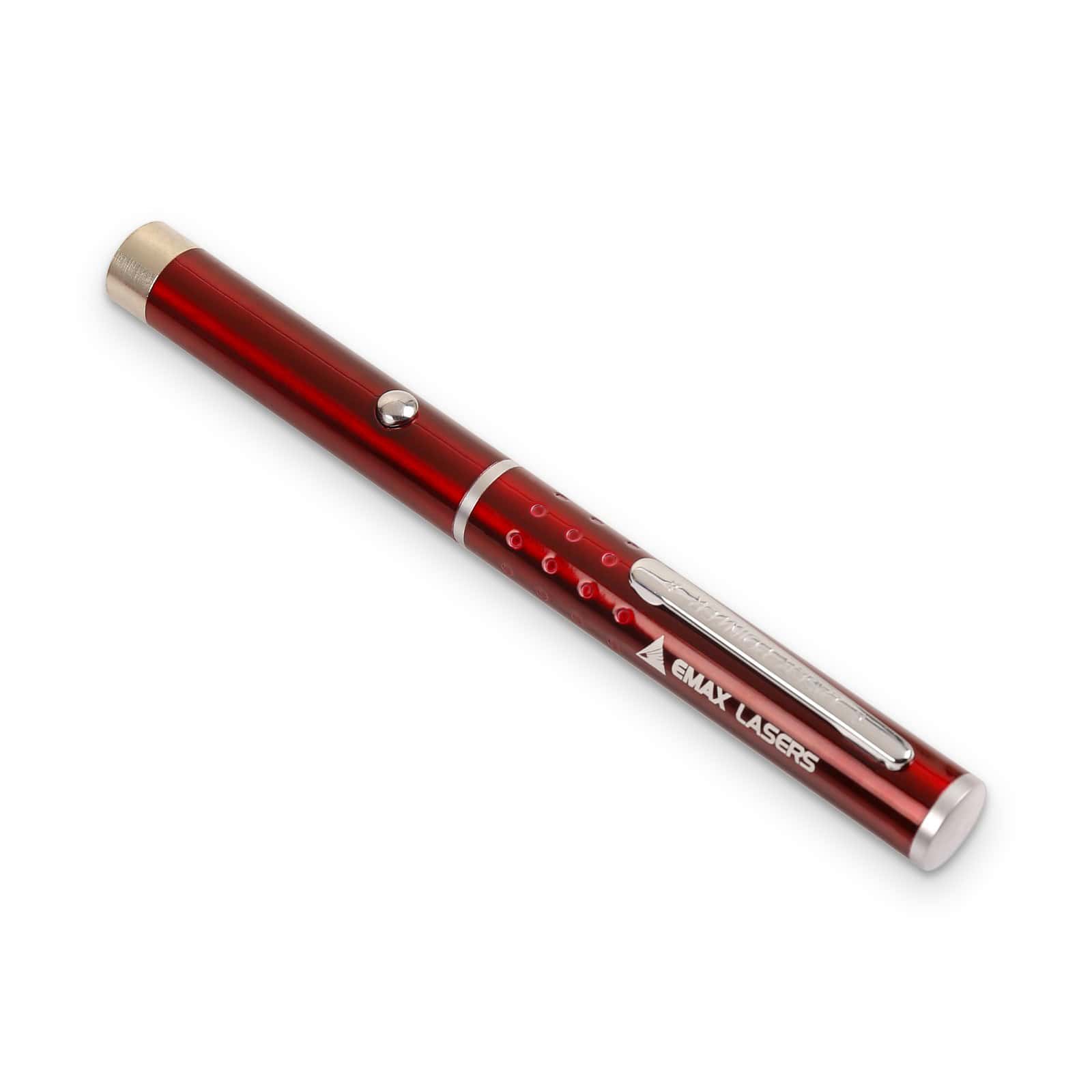 Red laser pointer pen showing the push button and Emax Lasers logo
