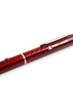Close-up of the red laser pen with clip and Emax Lasers logo