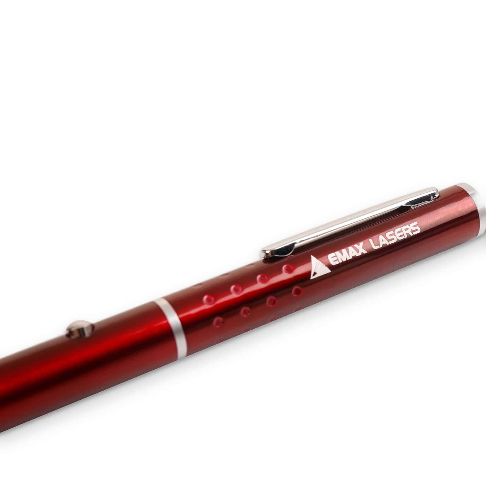 Close-up of the red laser pen with clip and Emax Lasers logo
