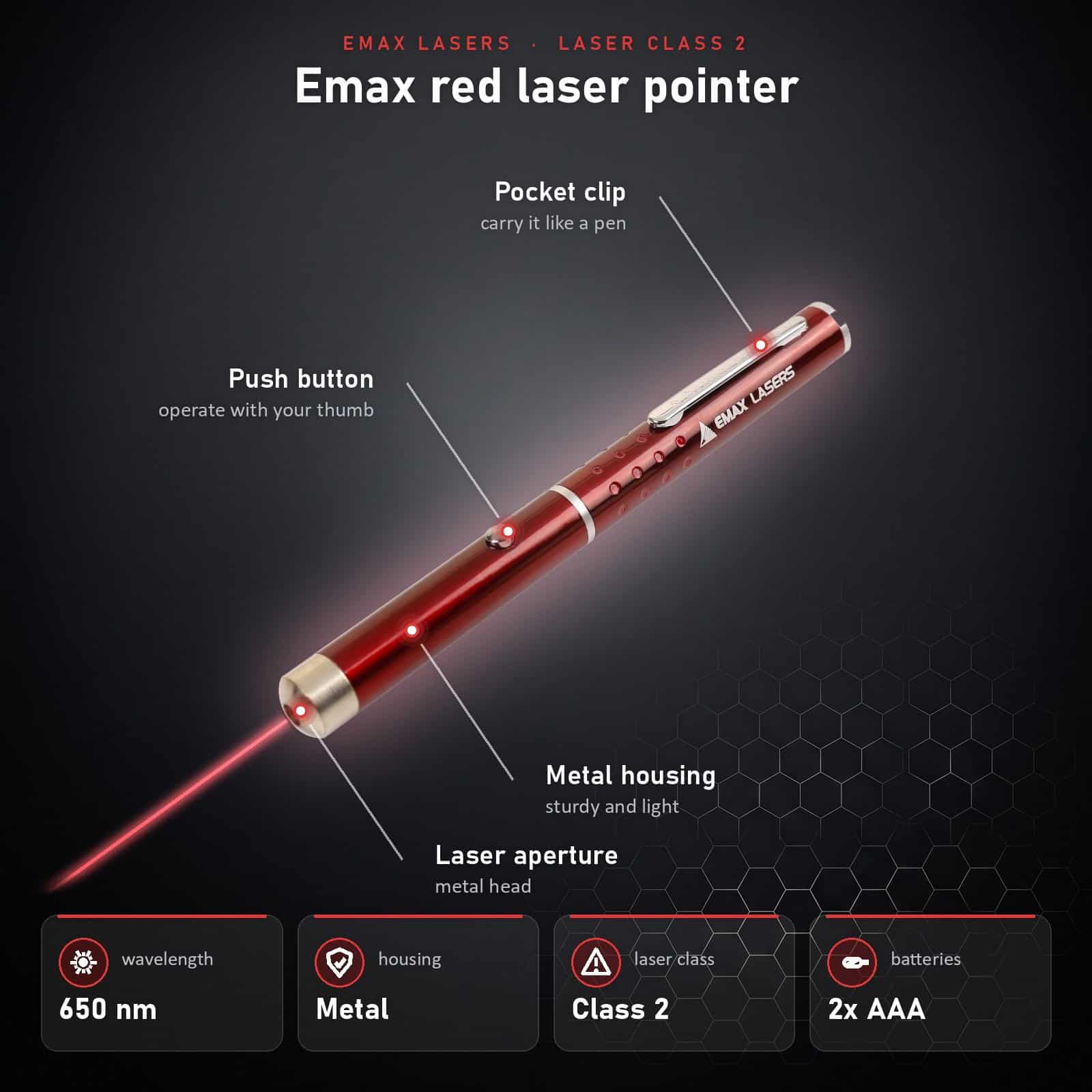 Infographic Emax red laser pointer: parts and specifications
