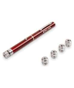 Red laser pointer with five pattern caps next to the pen, Emax