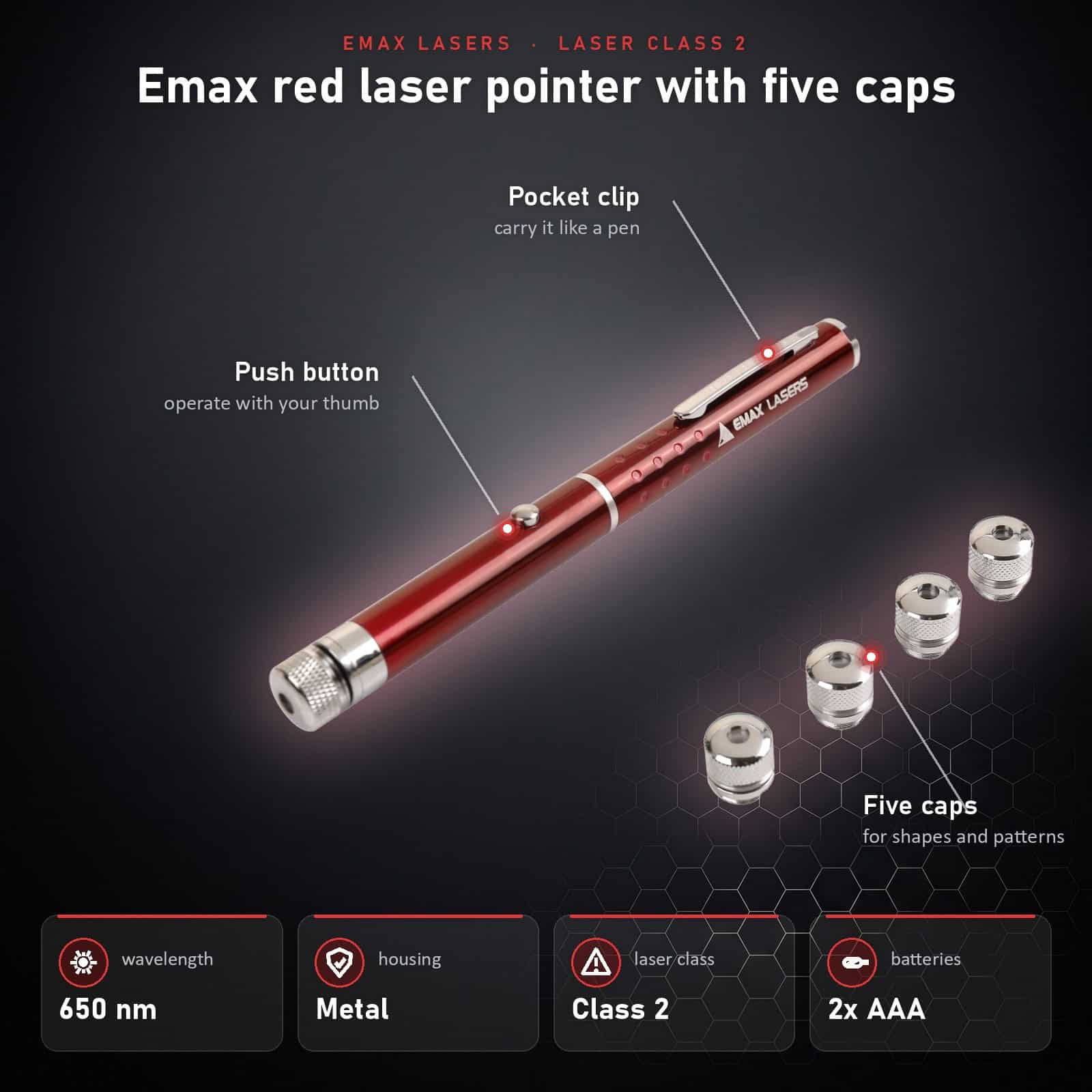 Infographic Emax red laser pointer with five caps: parts and specifications