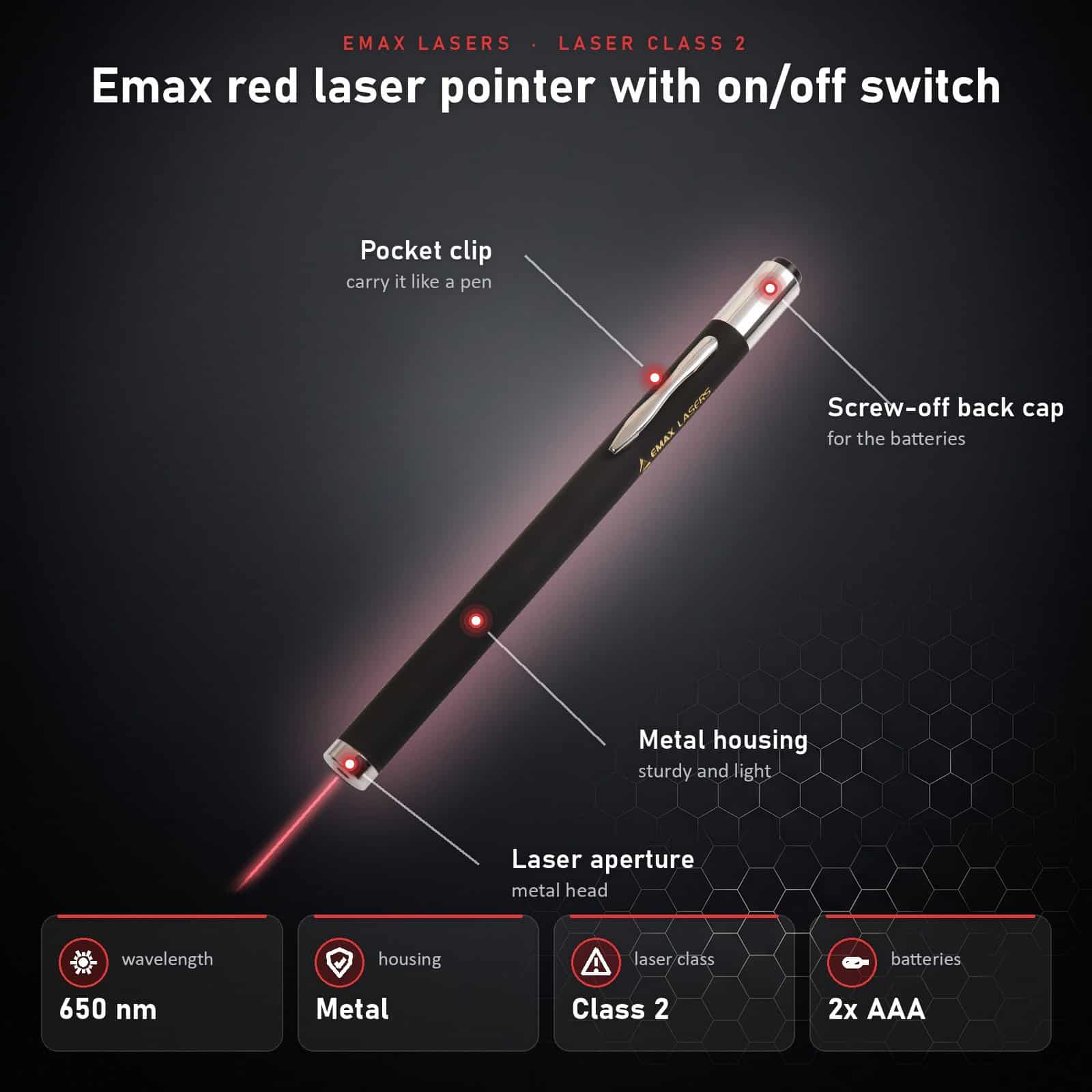 Infographic Emax red laser pointer with on/off switch: parts and specifications