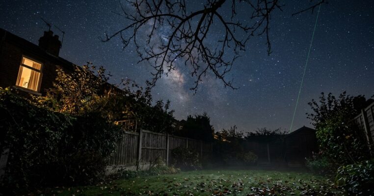 Autumn night sky over a British back garden with a thin green beam pointing towards the Great Square of Pegasus