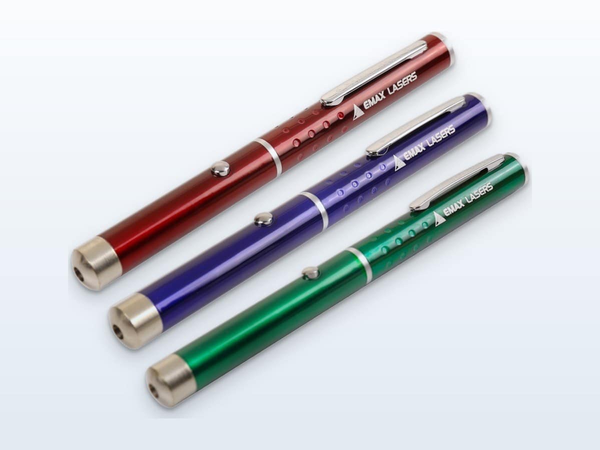 Emax laser pointers in green, red and violet side by side