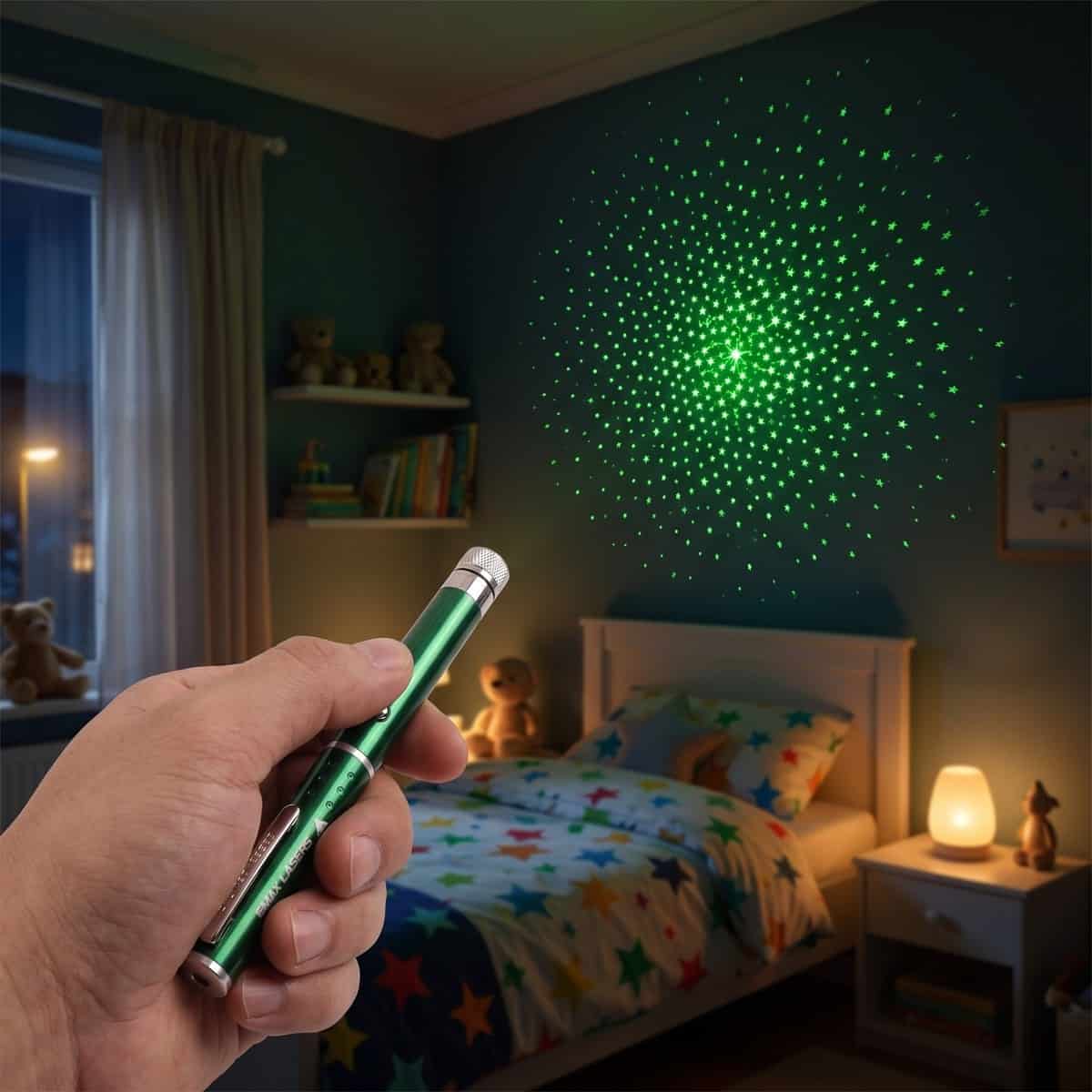 Emax green laser pointer with a five-cap set projecting a pattern of dots on a ceiling