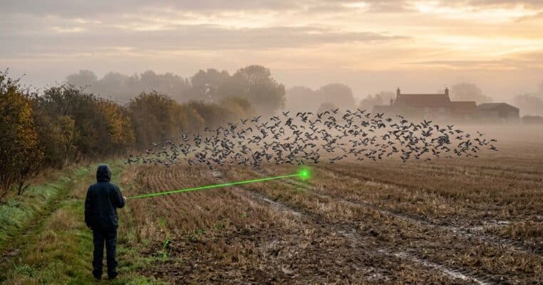 Green laser beam sweeping low across a stubble field at dawn as a flock of geese lifts off
