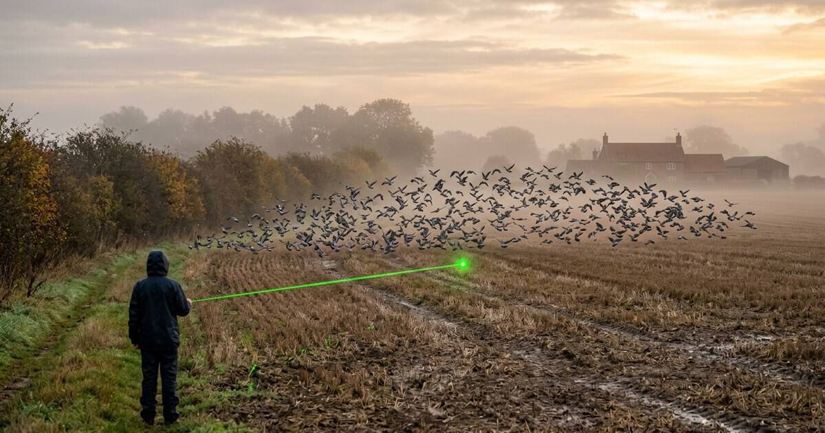 Green laser beam sweeping low across a stubble field at dawn as a flock of geese lifts off