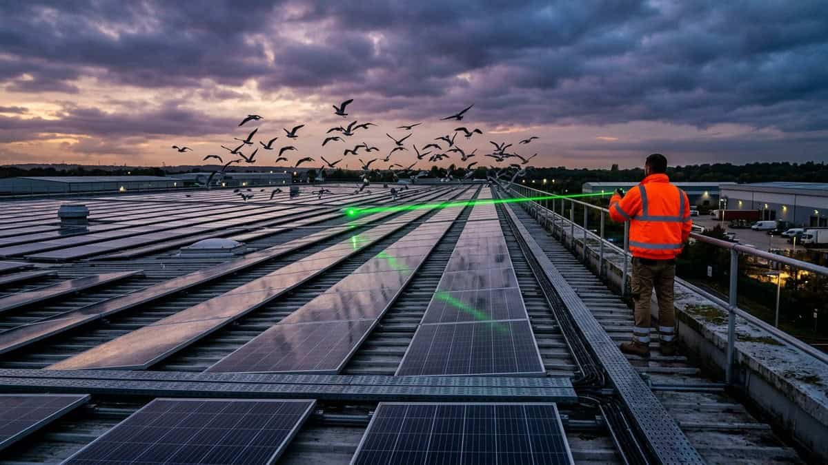 Gulls lifting off rows of solar panels on a warehouse roof at dusk as a worker sweeps a green laser beam across the panels