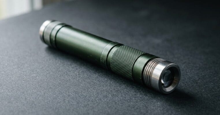 Close-up of a green laser pointer on a workbench beside a printed specification sheet